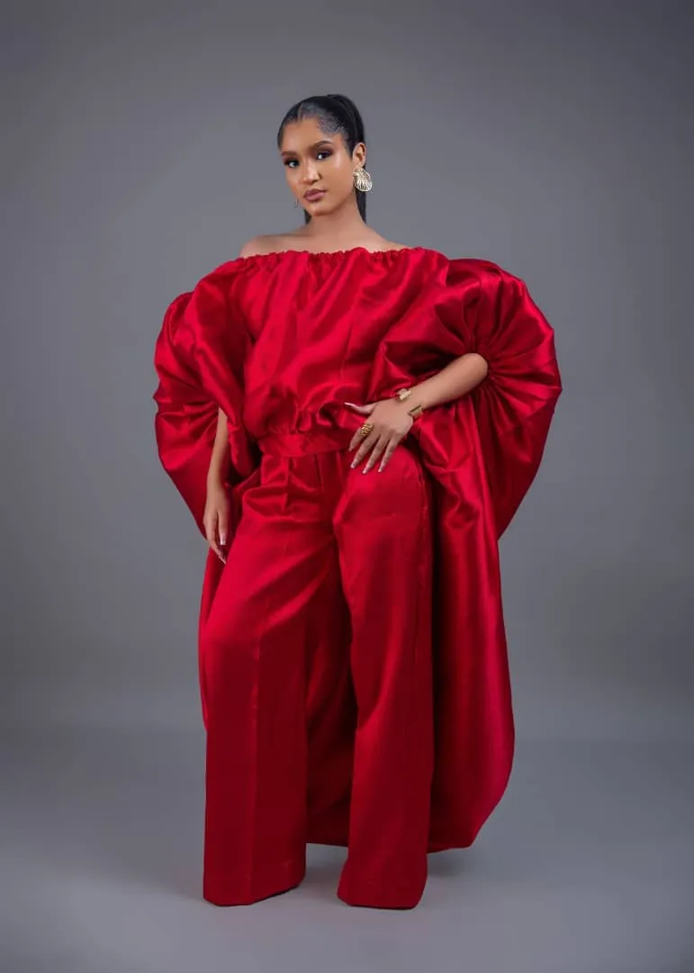 2-piece Kese red cape high low and wide leg pant set