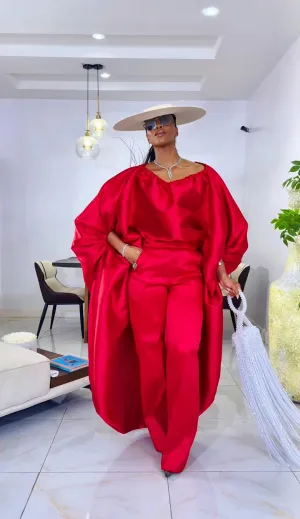 2-piece Kese red cape high low and wide leg pant set