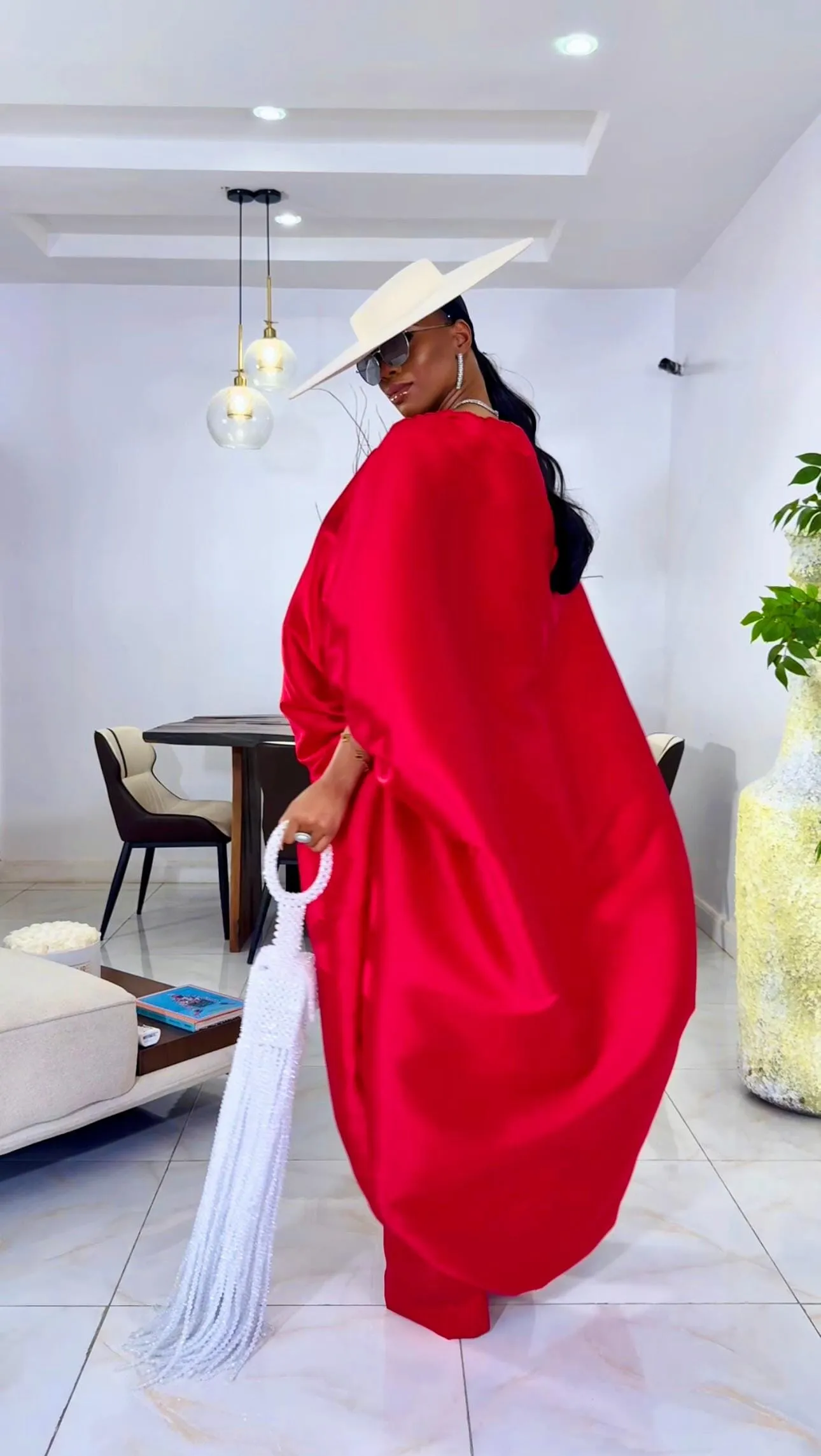 2-piece Kese red cape high low and wide leg pant set