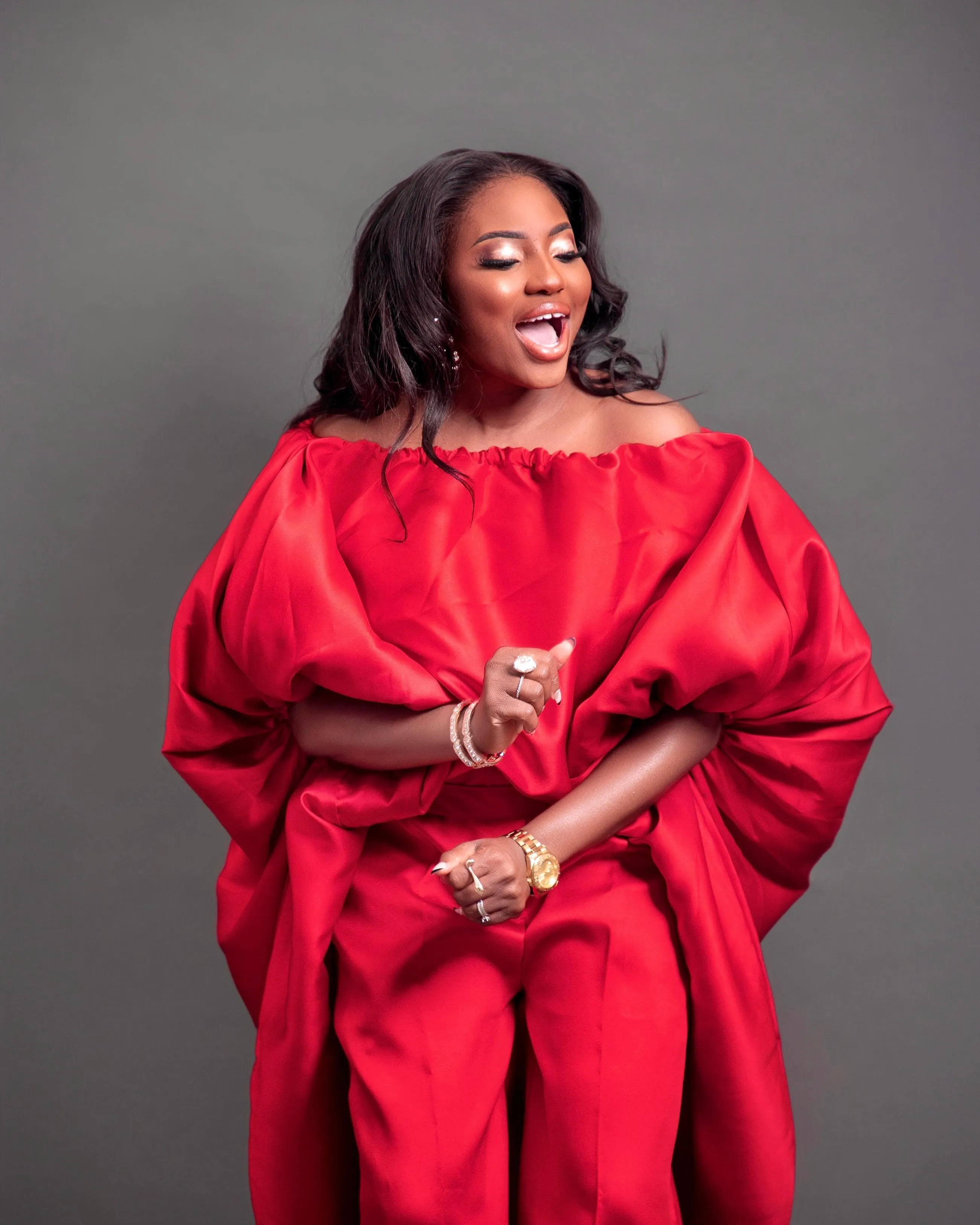 2-piece Kese red cape high low and wide leg pant set