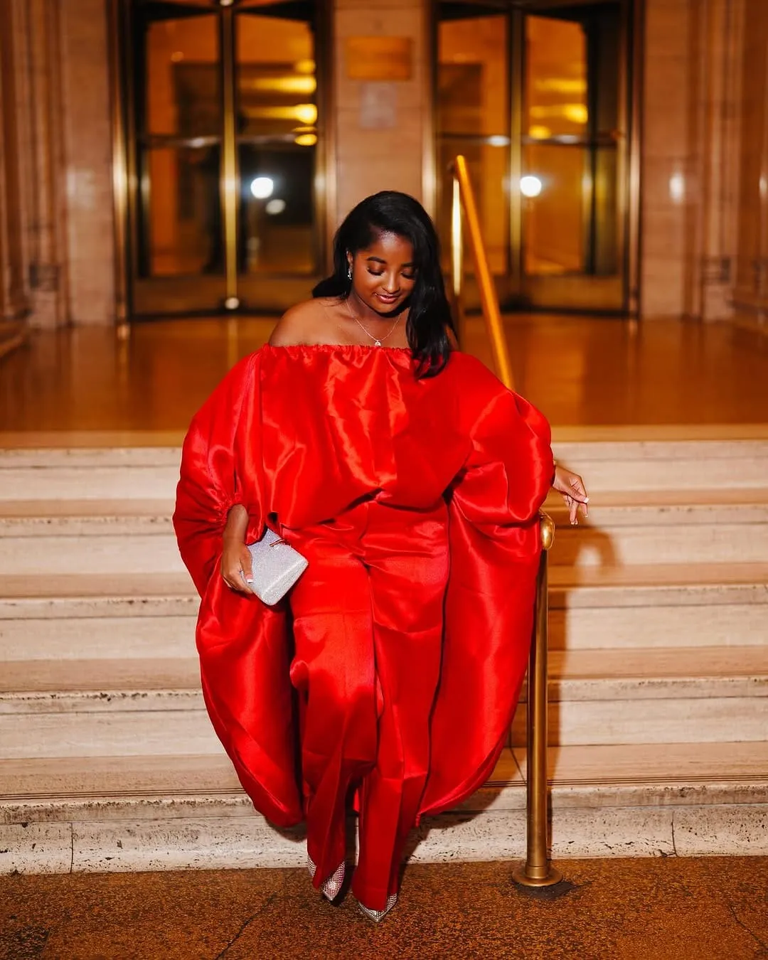 2-piece Kese red cape high low and wide leg pant set