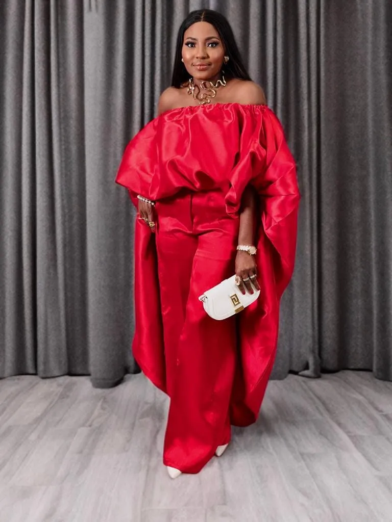 2-piece Kese red cape high low and wide leg pant set