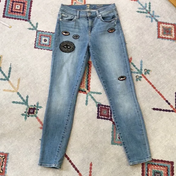 7 FAM Skinny Jeans with Eye Patchwork