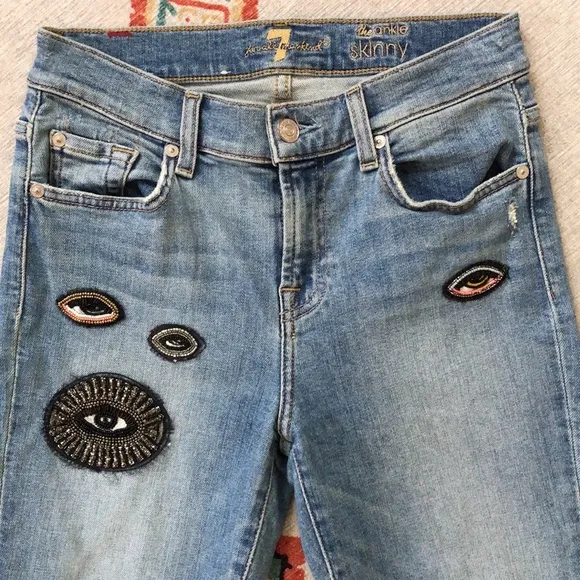 7 FAM Skinny Jeans with Eye Patchwork