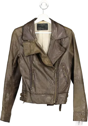All Saints Brown Plait Detail Leather Biker Jacket UK 12