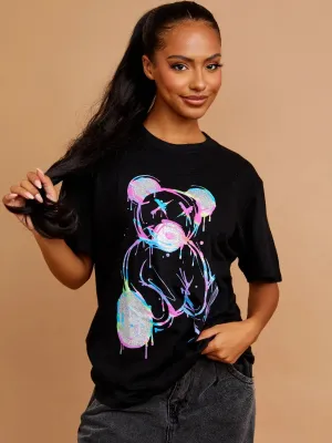Black Multicolour Teddy Bear Graphic Printed Oversized T-Shirt