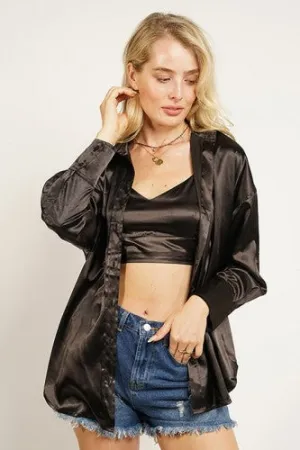 Black Satin 2 Piece Shirt   Bralette Set