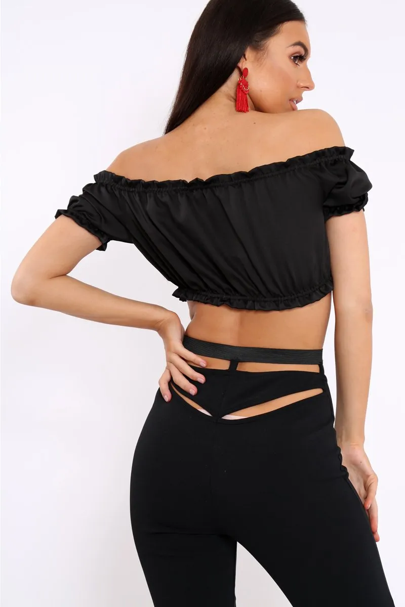 Black Satin Ruched Bardot Gypsy Crop Top - Becky