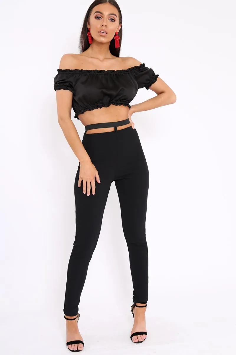 Black Satin Ruched Bardot Gypsy Crop Top - Becky