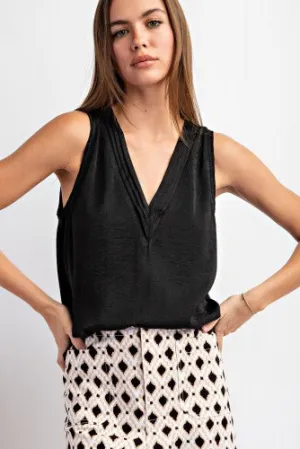 Black Silky Satin Pintuck V Neck Tank Blouse