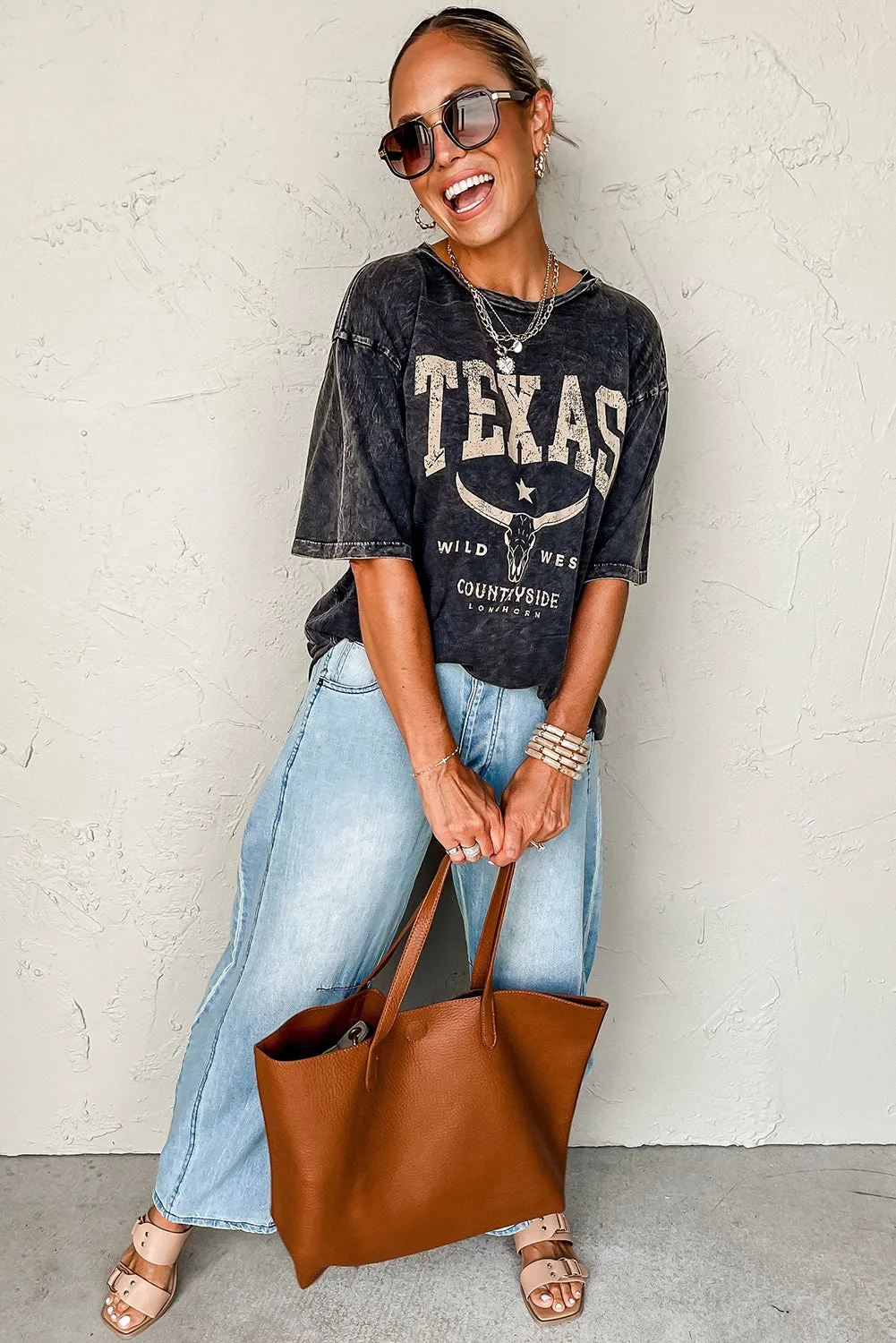 Black TEXAS Steer Head Graphic Mineral Wash Oversized T Shirt