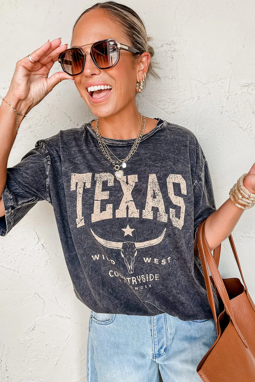 Black TEXAS Steer Head Graphic Mineral Wash Oversized T Shirt