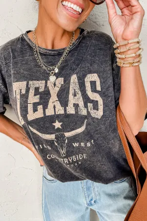 Black TEXAS Steer Head Graphic Mineral Wash Oversized T Shirt
