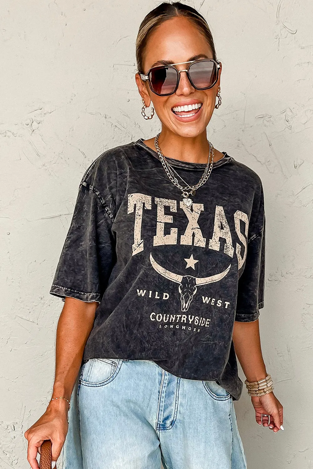 Black TEXAS Steer Head Graphic Mineral Wash Oversized T Shirt