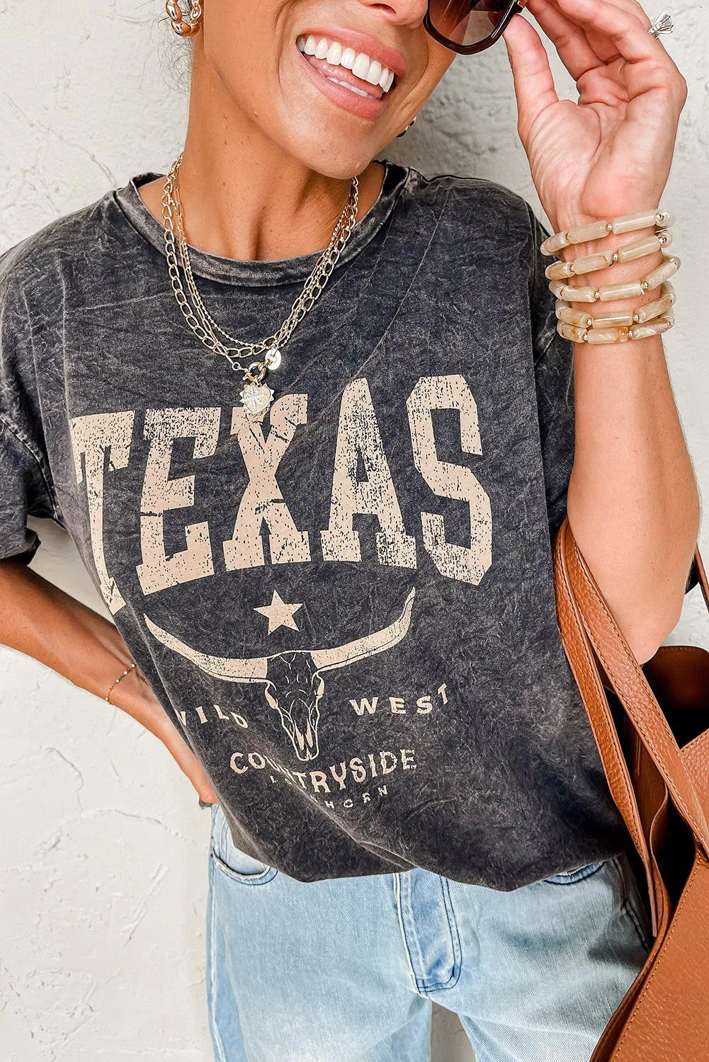 Black TEXAS Steer Head Graphic Mineral Wash Oversized T Shirt