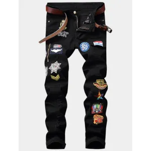 Black Zipper Fly Cartoon Ripped Jeans for men