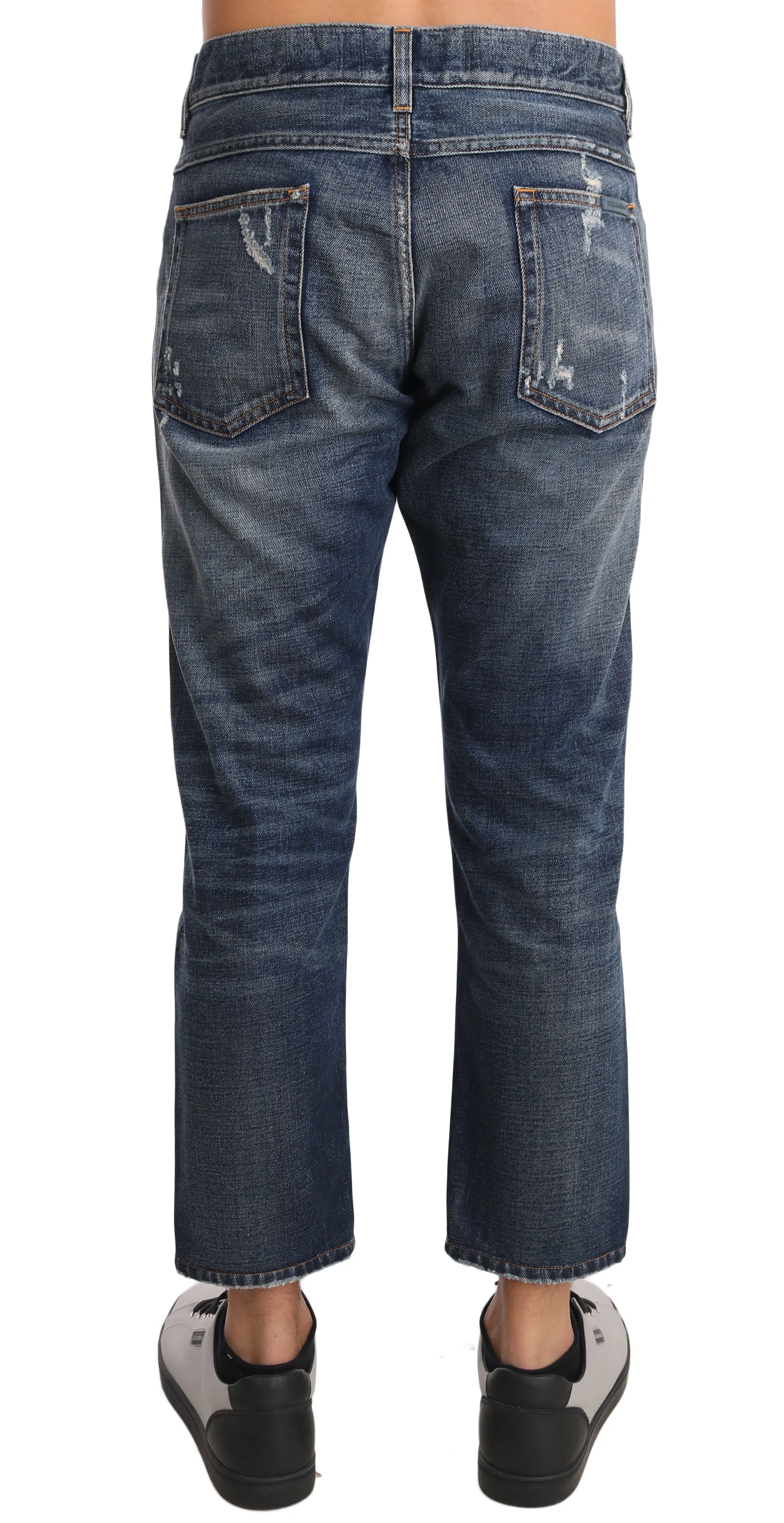 Blue Cotton Ripped Jeans Cropped Pants