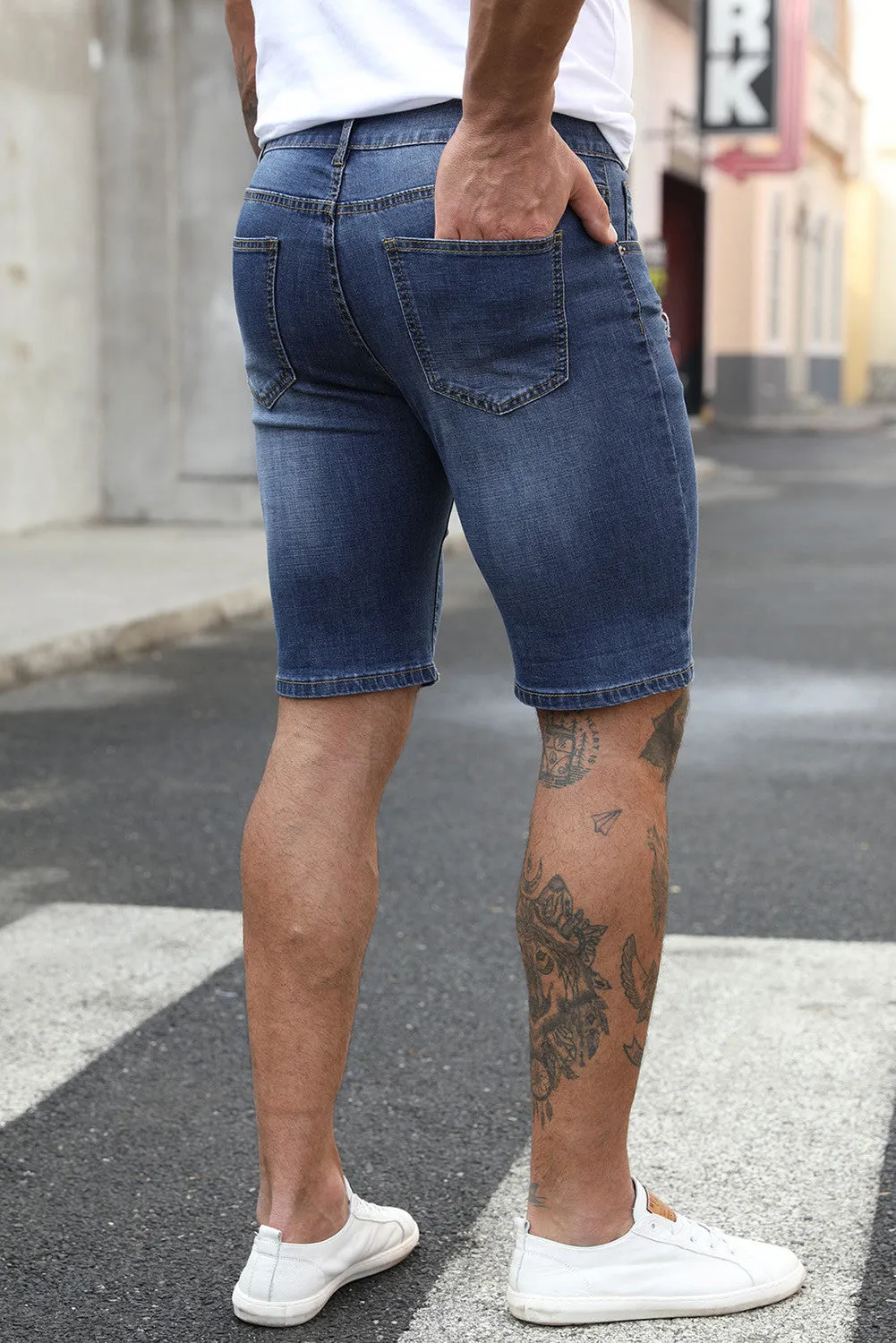 Blue Love Who You Want Print Men's Ripped Short Jeans