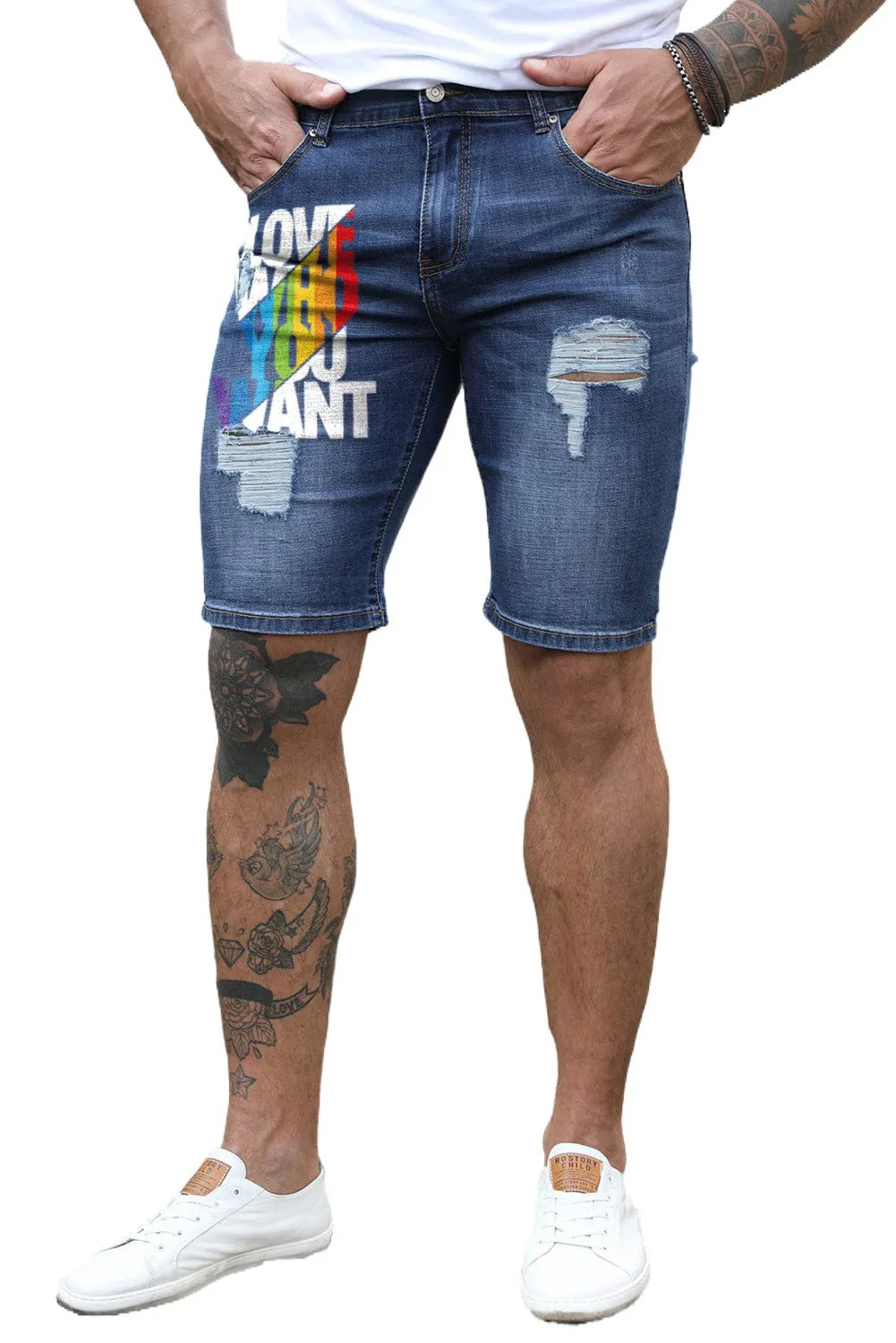 Blue Love Who You Want Print Men's Ripped Short Jeans