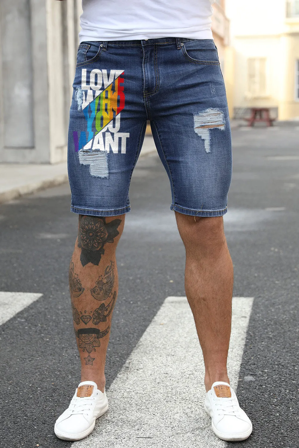 Blue Love Who You Want Print Men's Ripped Short Jeans