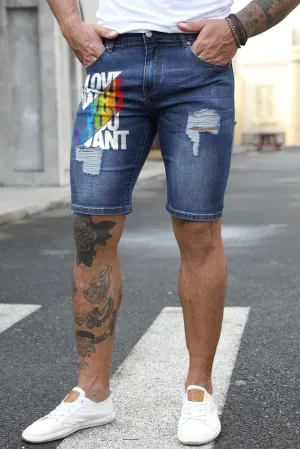 Blue Love Who You Want Print Men's Ripped Short Jeans