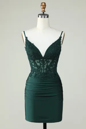 Bodycon Dark Green Spaghetti Straps Corset Homecoming Dress with Beading