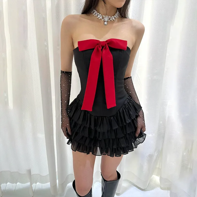 Bow vest spliced lotus leaf dress
