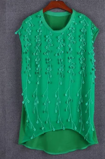 Cap Sleeve Embroidery Silk Top