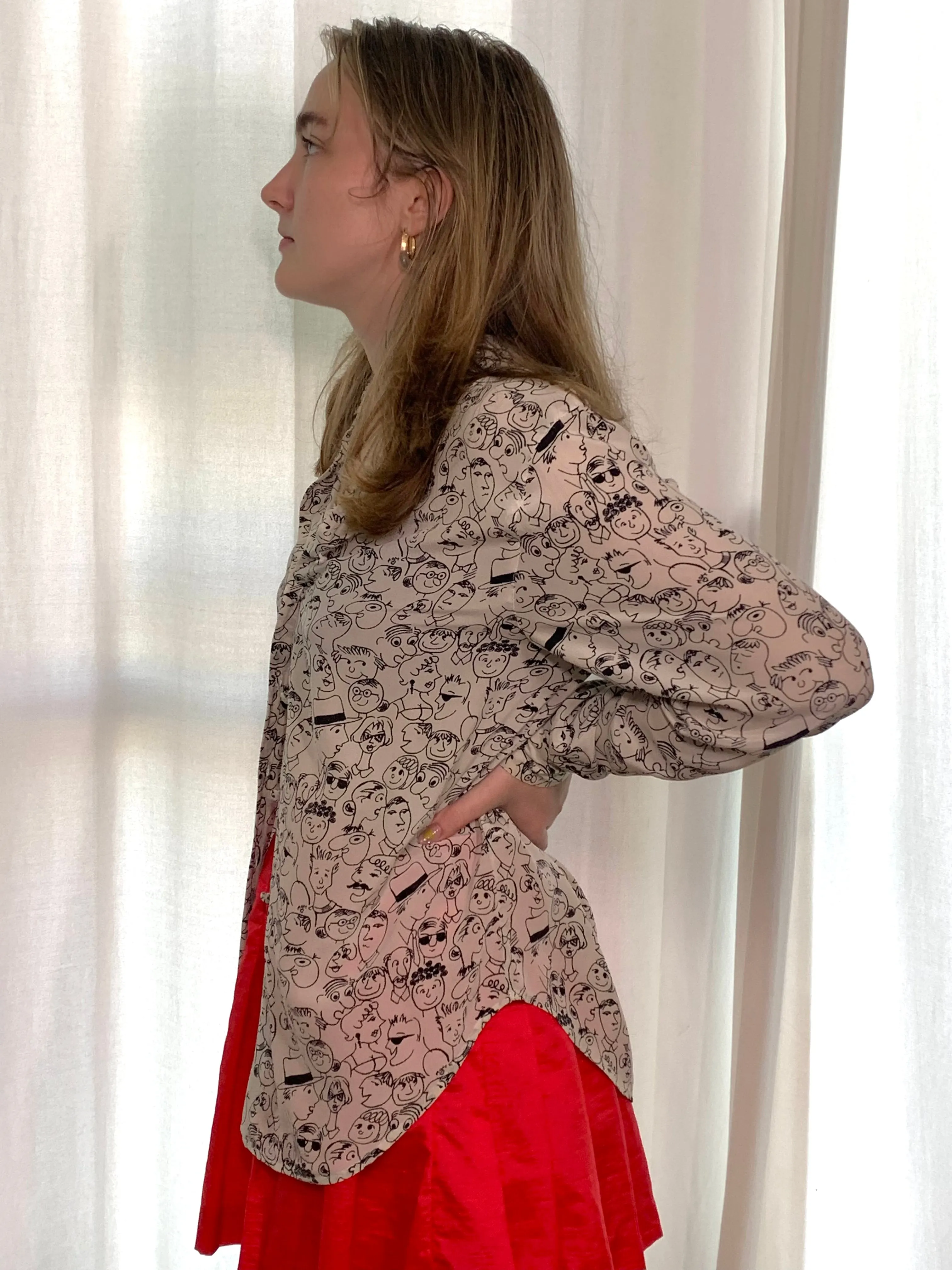 Caricature printed silk blouse
