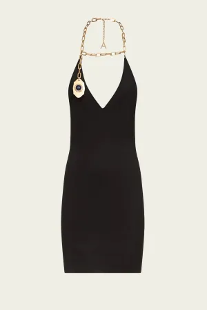 Chain Plate Halter Mini Dress in Black