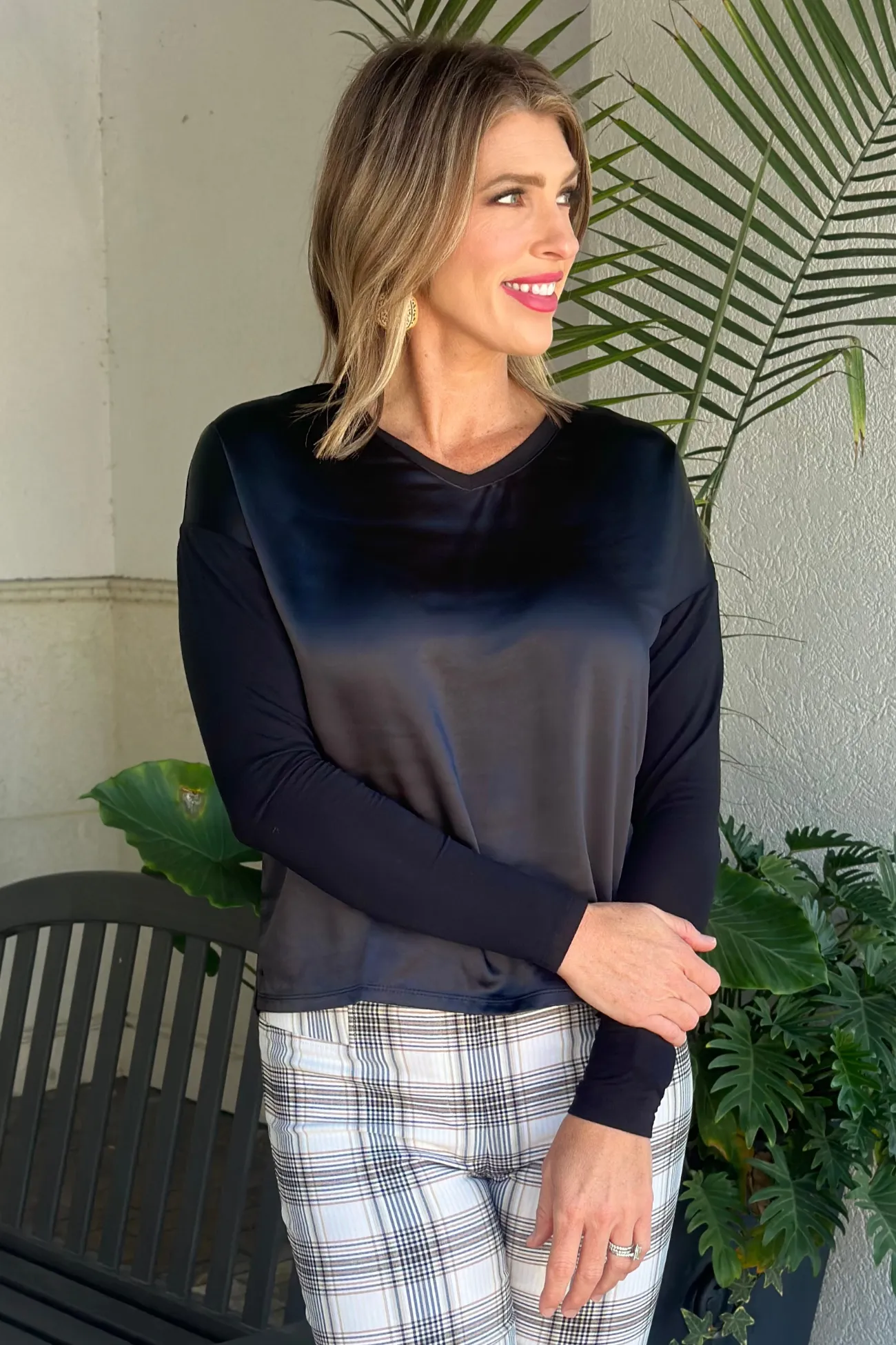 Charlie B Black Satin Jersey V-Neck Knit Top