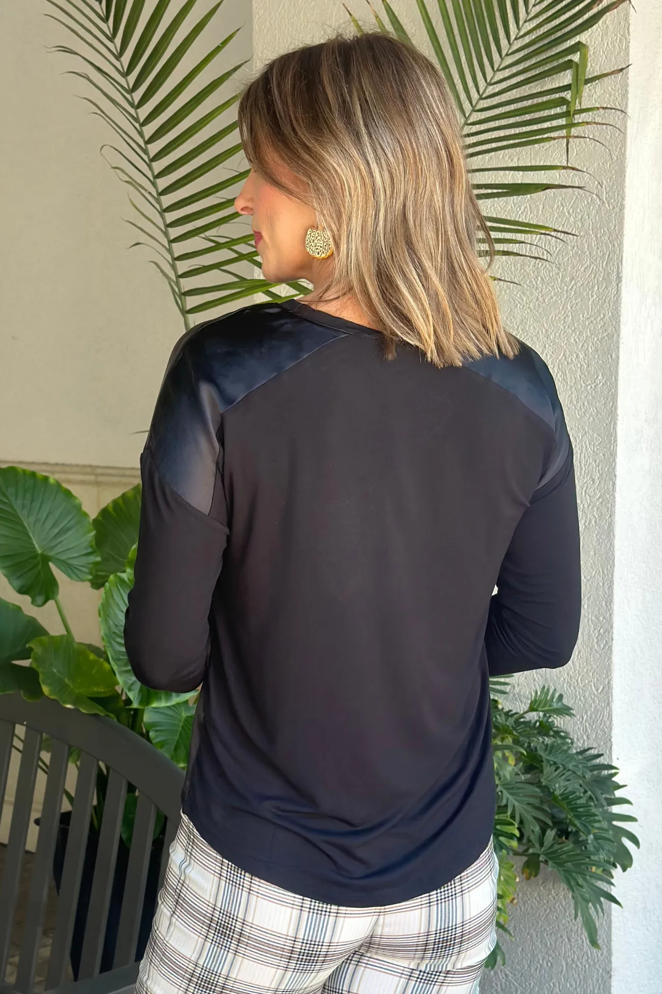 Charlie B Black Satin Jersey V-Neck Knit Top