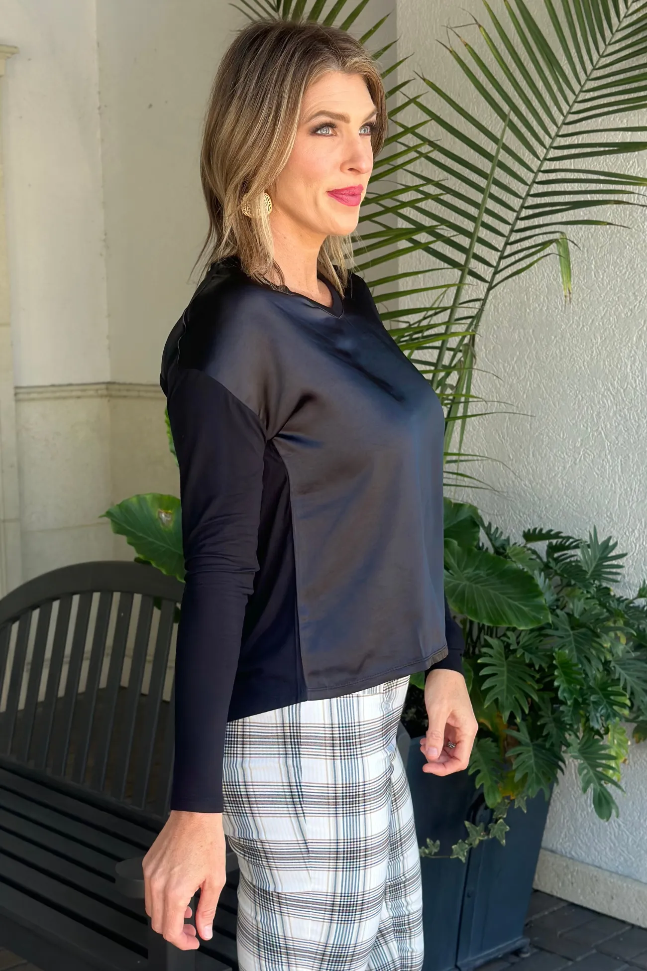 Charlie B Black Satin Jersey V-Neck Knit Top