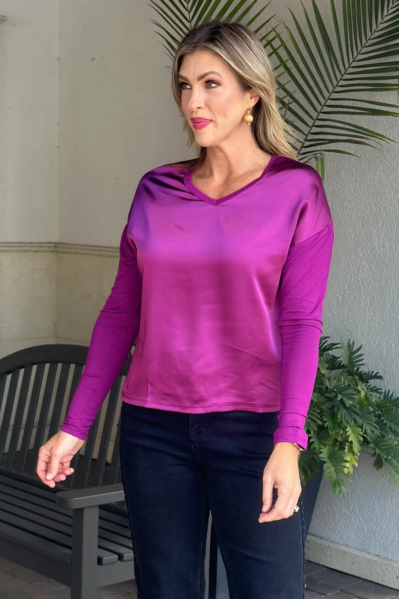 Charlie B Mulberry Satin Jersey V-Neck Knit Top