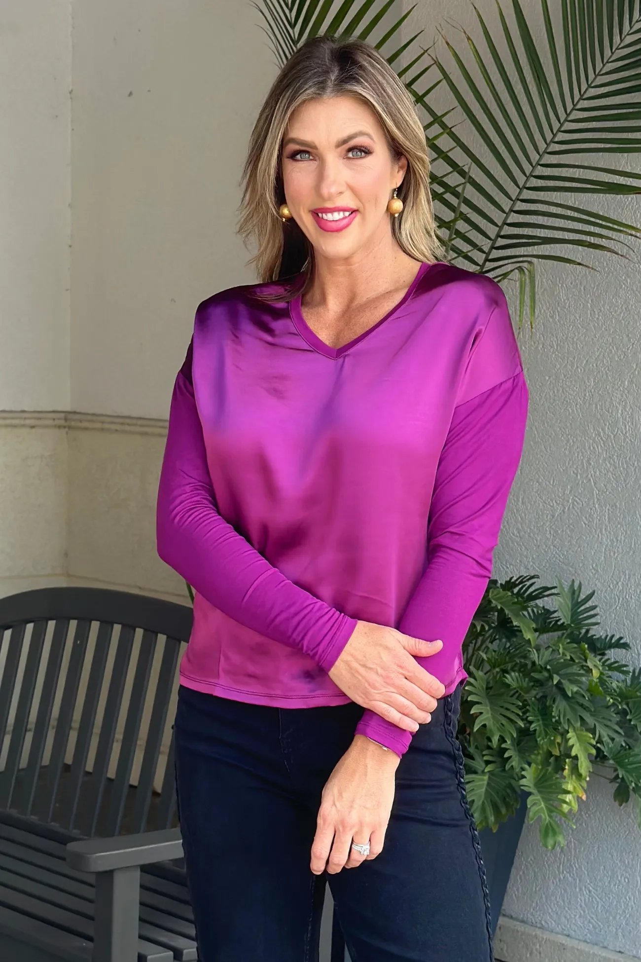 Charlie B Mulberry Satin Jersey V-Neck Knit Top