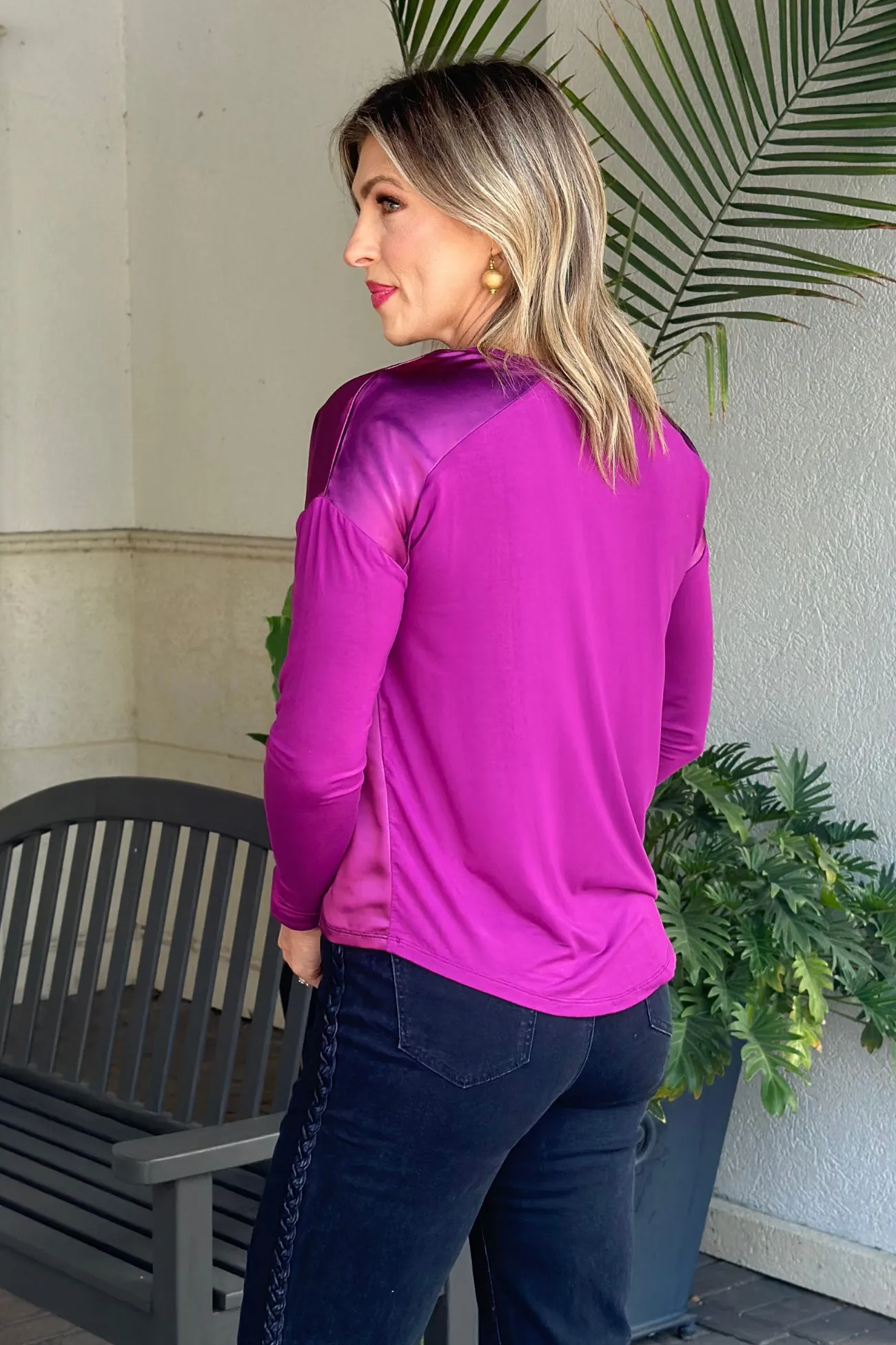 Charlie B Mulberry Satin Jersey V-Neck Knit Top