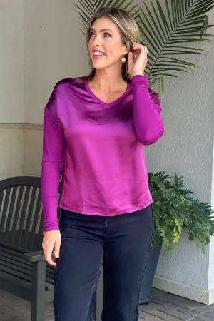 Charlie B Mulberry Satin Jersey V-Neck Knit Top