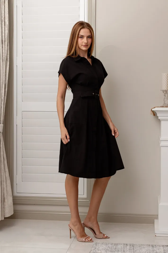 CHAYA SHORT SLEEVE MIDI DRESS - Black Linen