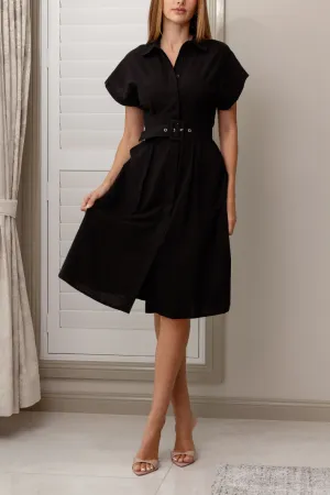CHAYA SHORT SLEEVE MIDI DRESS - Black Linen