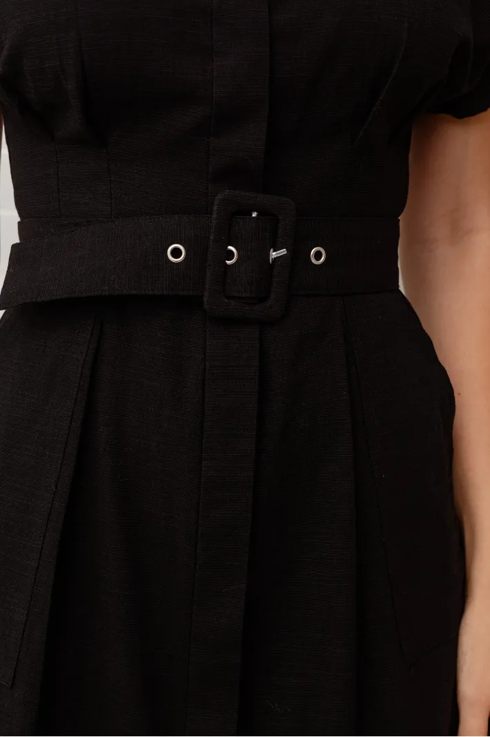 CHAYA SHORT SLEEVE MIDI DRESS - Black Linen
