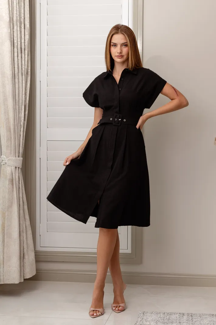 CHAYA SHORT SLEEVE MIDI DRESS - Black Linen