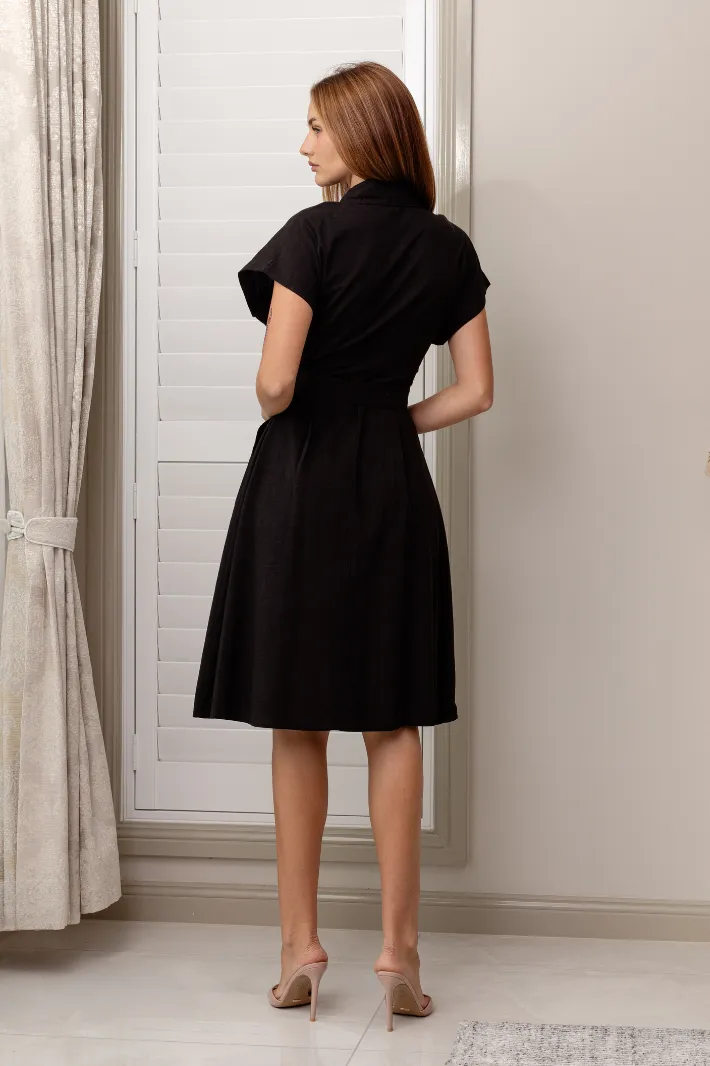 CHAYA SHORT SLEEVE MIDI DRESS - Black Linen