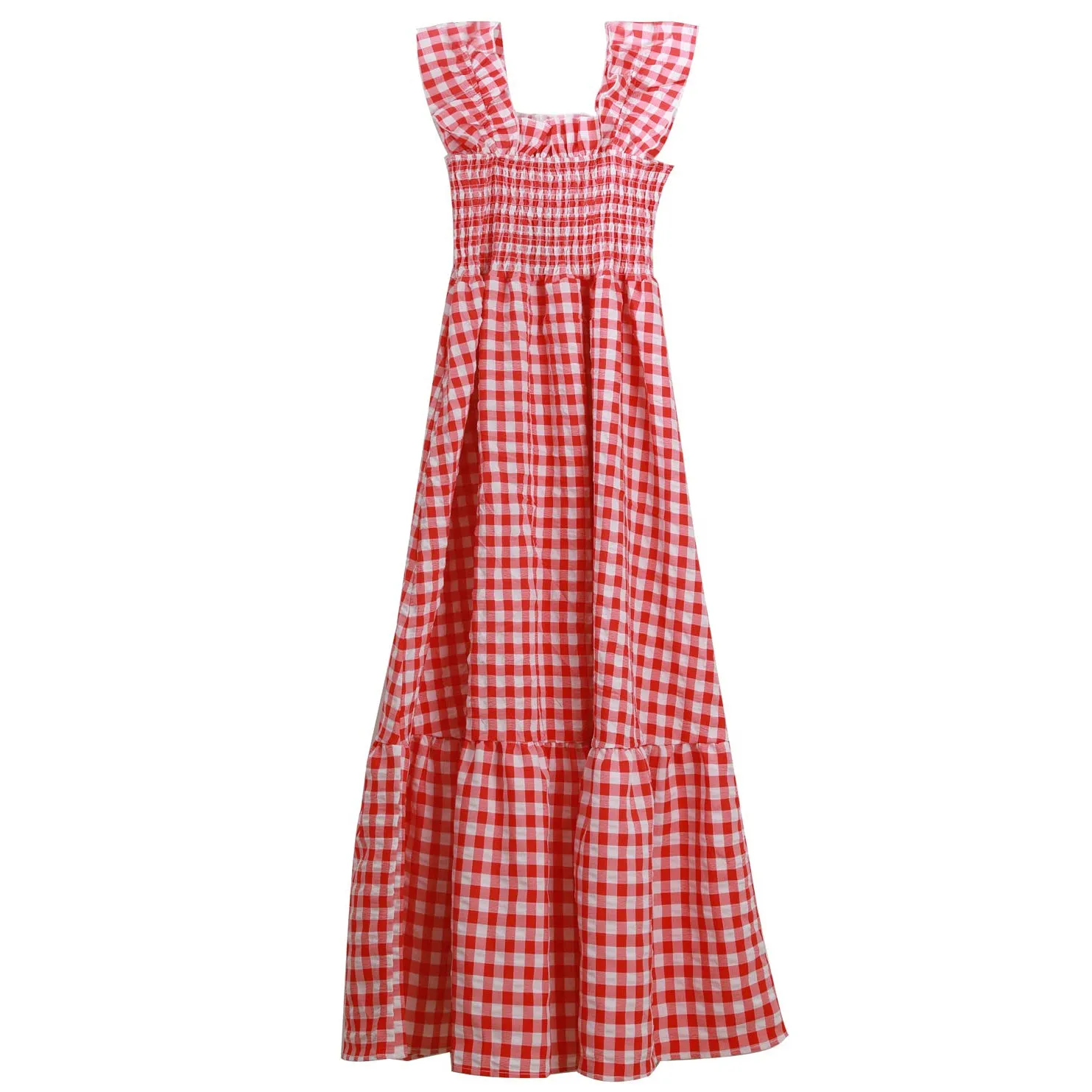 Chouyatou Women's Retro Plaid Smocked Dress Spaghetti Strap Flounce Long Dress