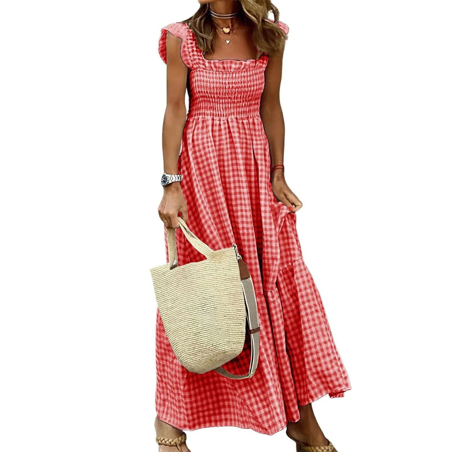 Chouyatou Women's Retro Plaid Smocked Dress Spaghetti Strap Flounce Long Dress