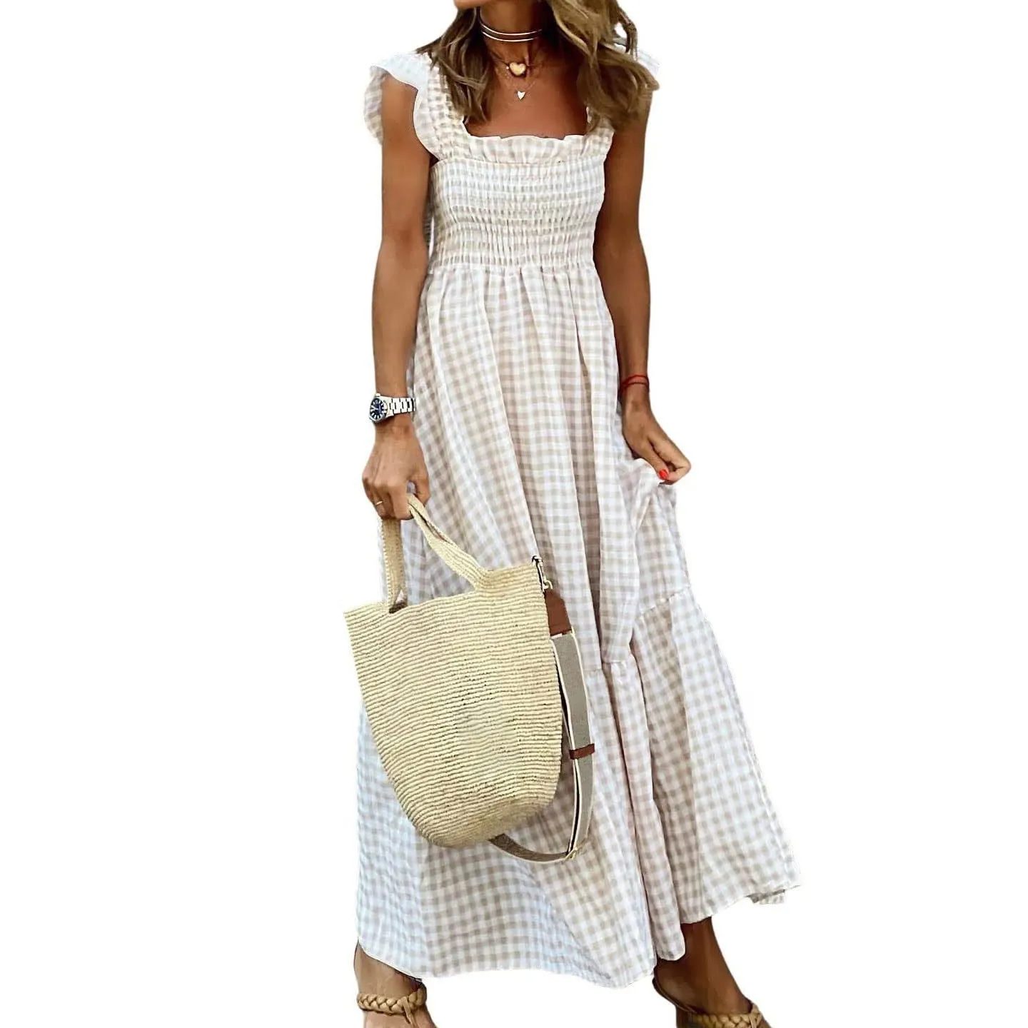 Chouyatou Women's Retro Plaid Smocked Dress Spaghetti Strap Flounce Long Dress