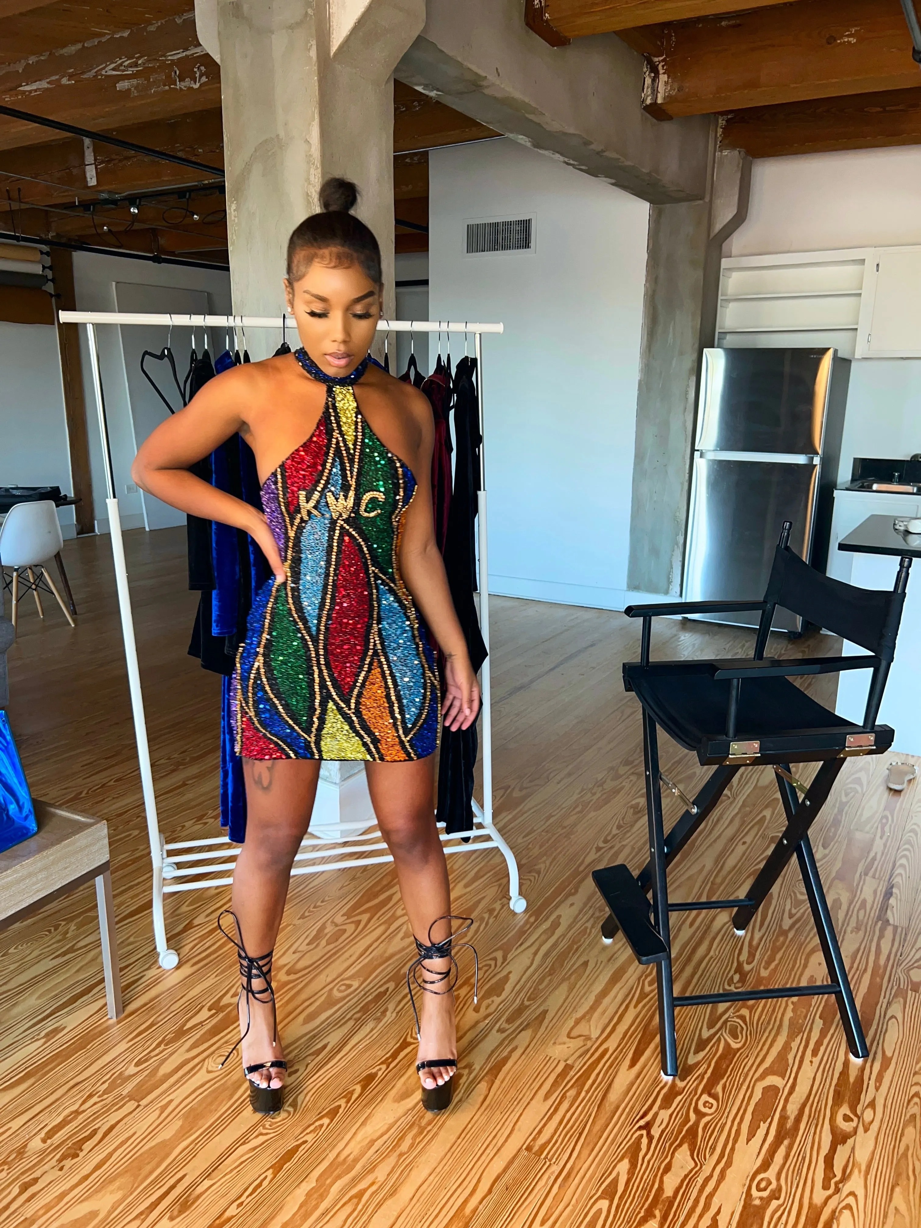COOGI Inspired Beaded Halter Mini Dress
