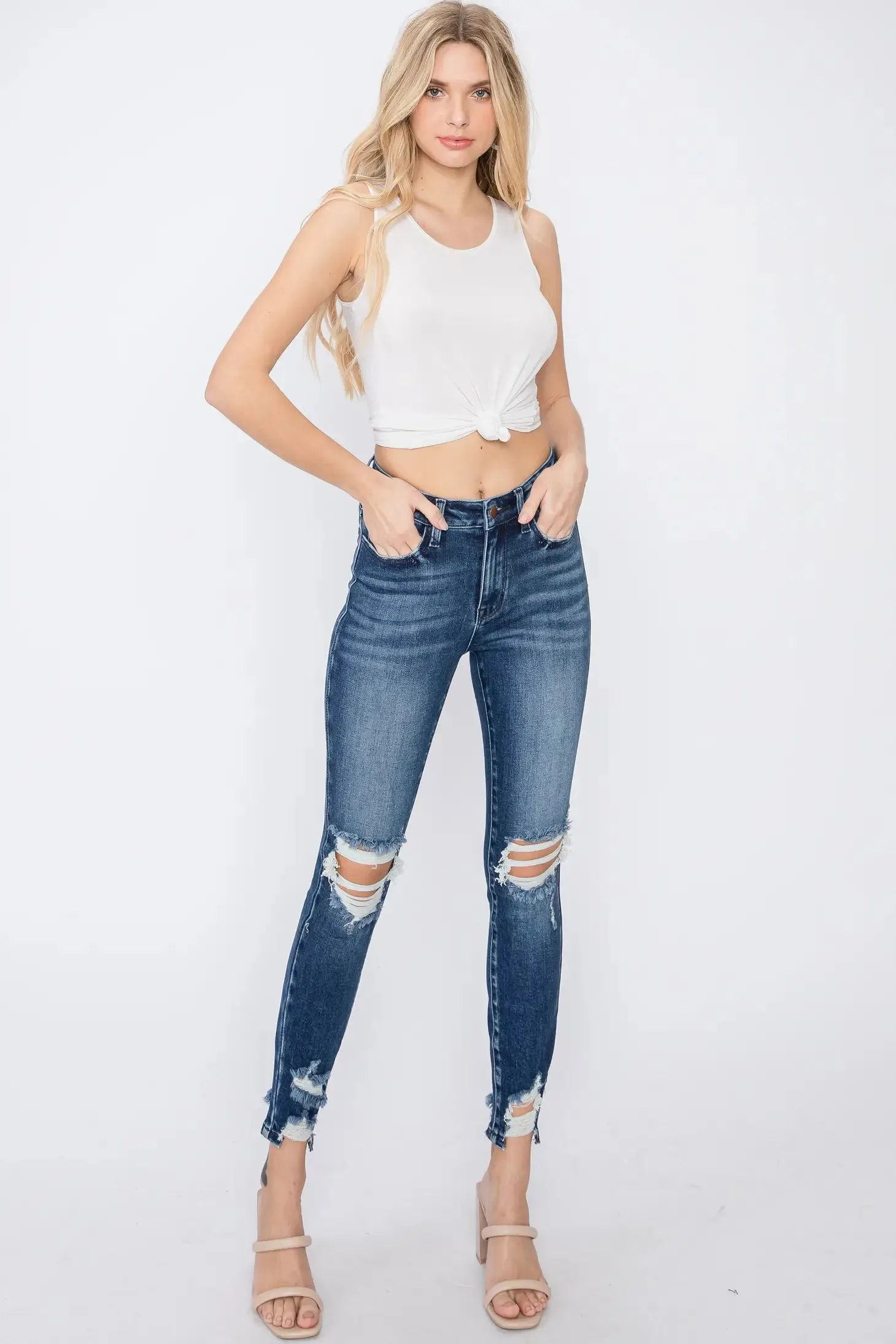 Dark Wash Distressed Ankle Skinny Jeans
