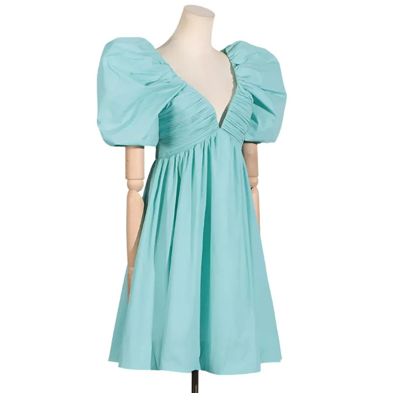 Deep V Puffy Sleeve Flared Mini Dress