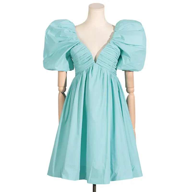 Deep V Puffy Sleeve Flared Mini Dress