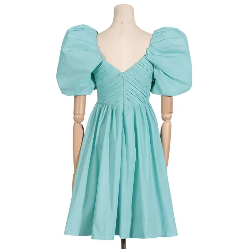 Deep V Puffy Sleeve Flared Mini Dress